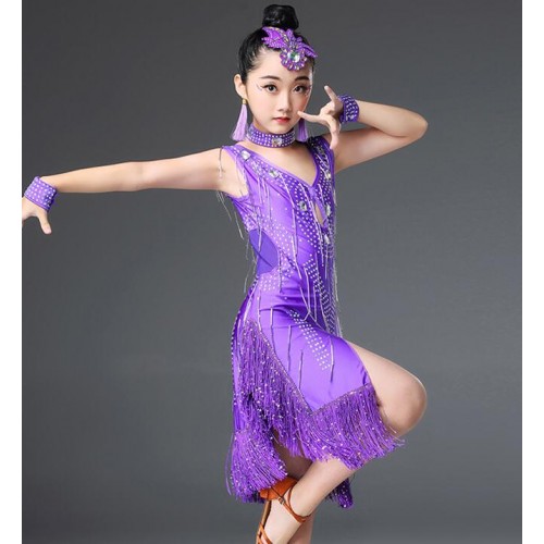 Girls competition latin dance dresses rhinestones fringes stage performance rumba chacha dance skirts costumes dress